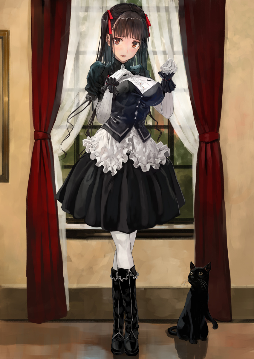 bangs black_cat black_footwear black_hair black_skirt blouse blunt_bangs blush bob_(biyonbiyon) boots bow breasts brown_eyes button_gap cat commentary_request corset crossed_legs curtains frilled_sleeves frills full_body gloves gothic_lolita hair_bow hair_ribbon hands_up highres indoors knee_boots large_breasts layered_clothing lolita_fashion long_hair long_sleeves original pantyhose parted_lips puffy_short_sleeves puffy_sleeves ribbon short_sleeves skirt solo standing watson_cross white_blouse white_gloves white_legwear window wrist_cuffs