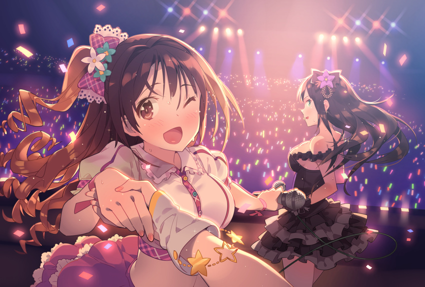 ;d audience black_gothic_dress_(idolmaster) blush bow brown_eyes brown_hair chair crop_top ddal dress female_pov green_eyes hat highres honda_mio idol idolmaster idolmaster_cinderella_girls long_hair md5_mismatch multiple_girls one_eye_closed open_mouth out_of_frame outstretched_arms pink_check_school plaid plaid_bow pov pov_hands shibuya_rin shimamura_uzuki smile stage sunset_nostalgie