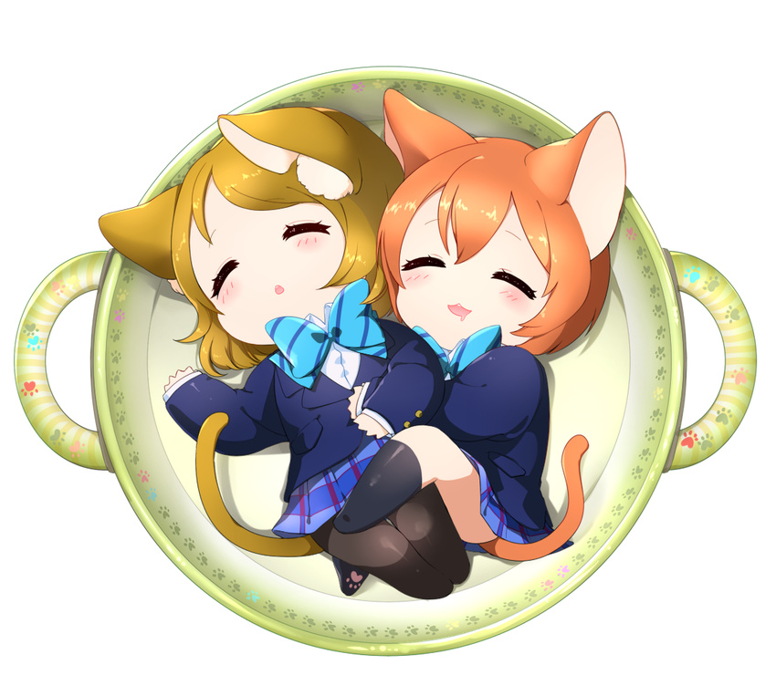 :3 animal_ears blazer brown_hair cat_ears cat_tail chibi drooling hoshizora_rin hug in_container jacket kemonomimi_mode koizumi_hanayo love_live! love_live!_school_idol_project multiple_girls neko_nabe ng_(kimjae737) open_mouth orange_hair otonokizaka_school_uniform pantyhose paw_print plaid plaid_skirt pleated_skirt pot ribbon saliva school_uniform short_hair skirt sleeping tail