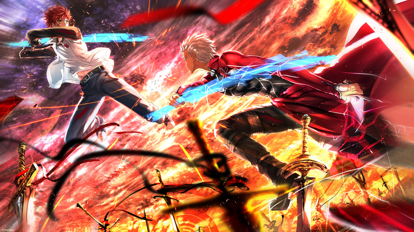 archer battle belt brown_hair dagger denim dual_wielding duel emiya_shirou energy_sword fate/stay_night fate_(series) field_of_blades grey_hair highres holding jeans jumping leg_garter looking_at_another magic_circle multiple_boys pants planted_sword planted_weapon sword swordsouls unlimited_blade_works weapon