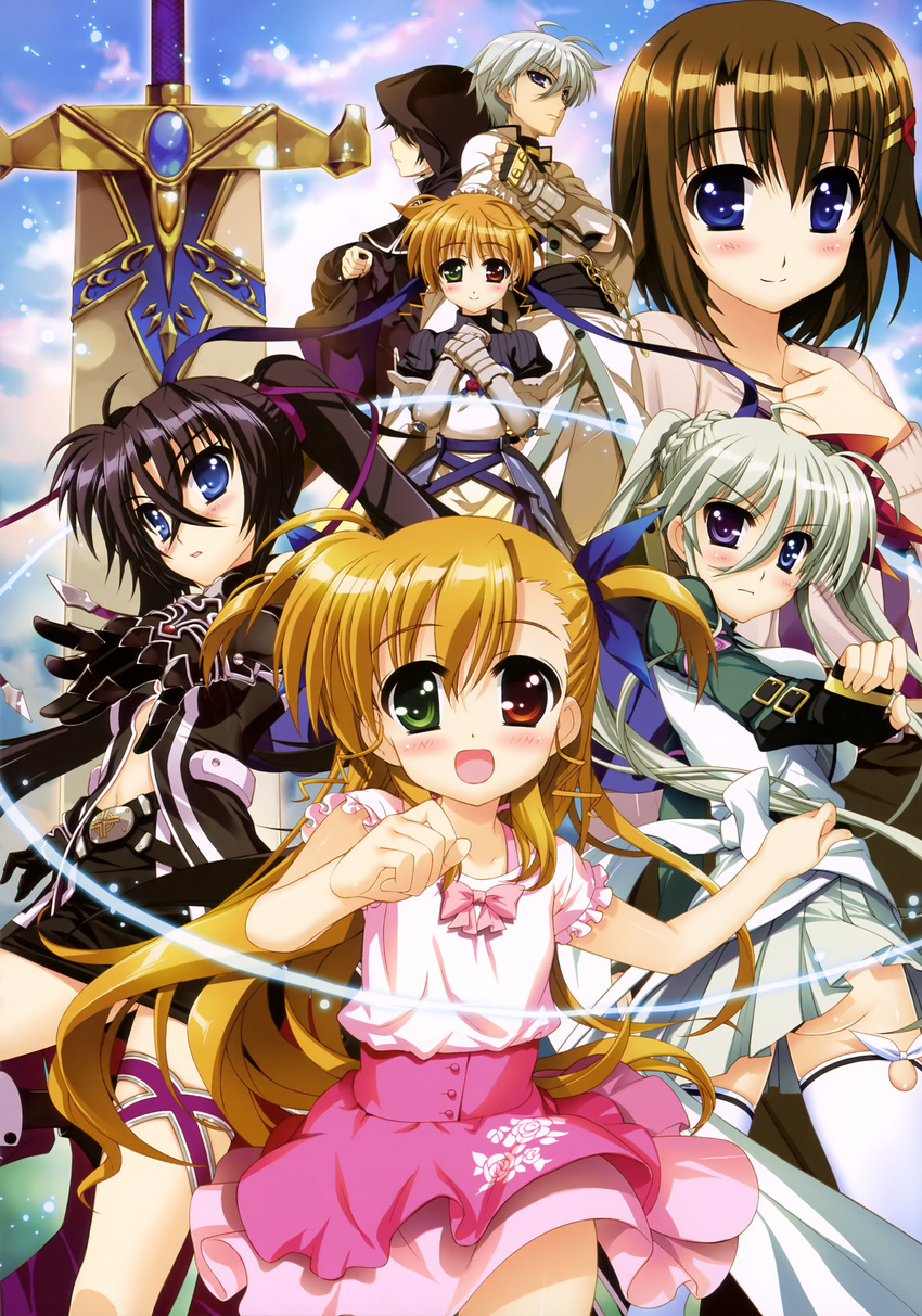 6+girls :d absurdres annotated armor armored_dress black_hair blonde_hair blue_eyes blush brown_hair claus_ingvalt dress einhart_stratos fingerless_gloves fujima_takuya gloves green_eyes green_hair heterochromia highres hood huge_weapon long_hair lyrical_nanoha mahou_shoujo_lyrical_nanoha_vivid multiple_boys multiple_girls official_art olivie_segbrecht open_mouth purple_hair red_eyes ribbon scan short_hair sieglinde_jeremiah skirt smile sword thigh_ribbon thighhighs twintails vivio weapon wilfried_jeremiah yagami_hayate