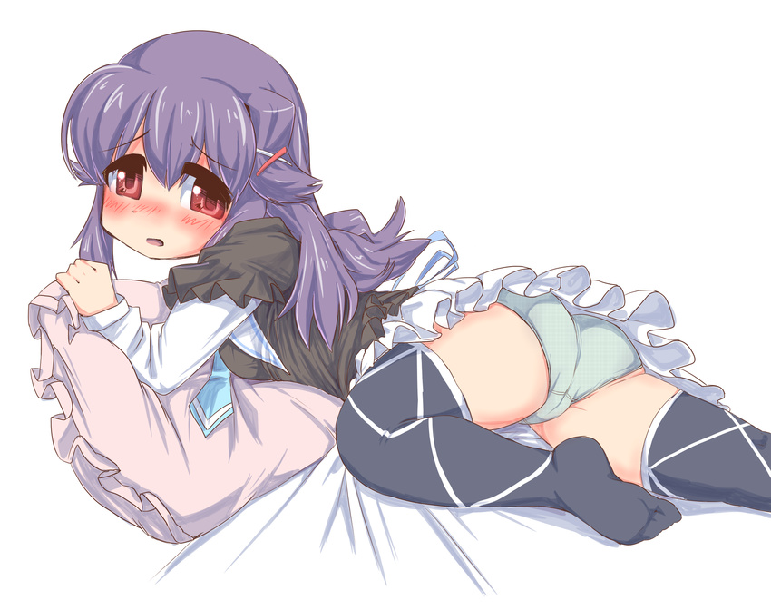 ass bad_id bad_pixiv_id bed black_hair blush dress eyebrows_visible_through_hair hercule_barton highres long_hair lying nose_blush on_stomach open_mouth panties pillow red_eyes school_uniform sekaihebi solo tantei_opera_milky_holmes thighhighs underwear unmoving_pattern white_panties