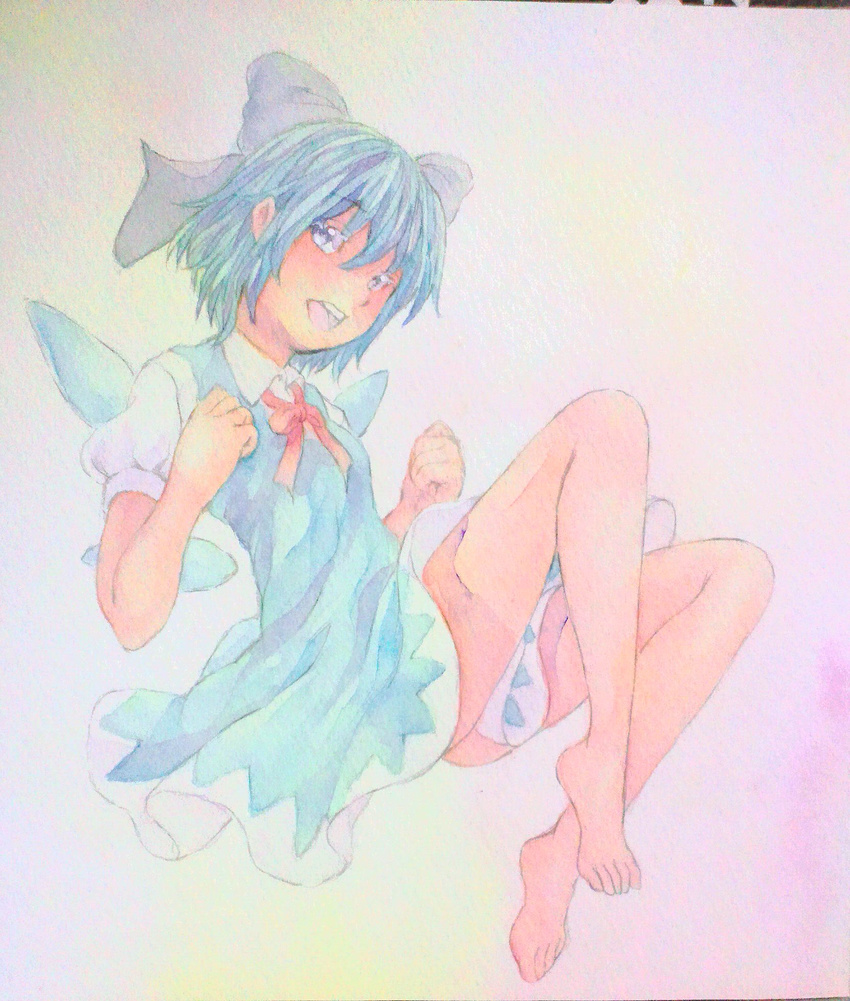 barefoot blue_eyes blue_hair bow cirno clenched_hands full_body hair_bow highres ice ice_wings looking_at_viewer open_mouth pink_background puffy_short_sleeves puffy_sleeves short_hair short_sleeves smile solo touhou traditional_media watercolor_(medium) wings yuyu_(00365676)