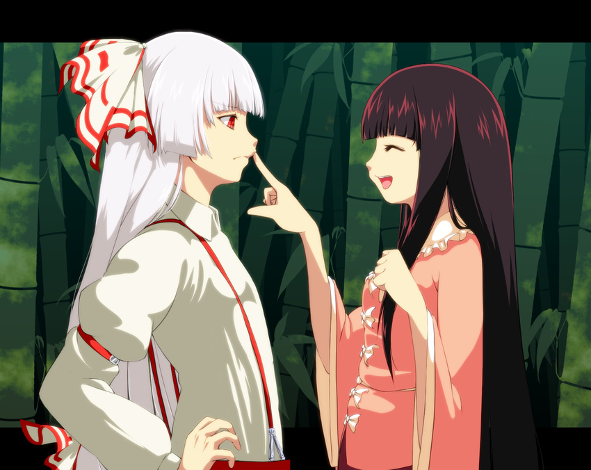 bamboo bamboo_forest black_hair clenched_hand closed_eyes finger_to_another's_mouth forest fujiwara_no_mokou hair_ribbon hand_on_hip hime_cut houraisan_kaguya long_hair long_sleeves looking_at_another multiple_girls nature open_mouth profile red_eyes ribbon sidelocks sugiura_rippu suspenders touhou very_long_hair white_hair