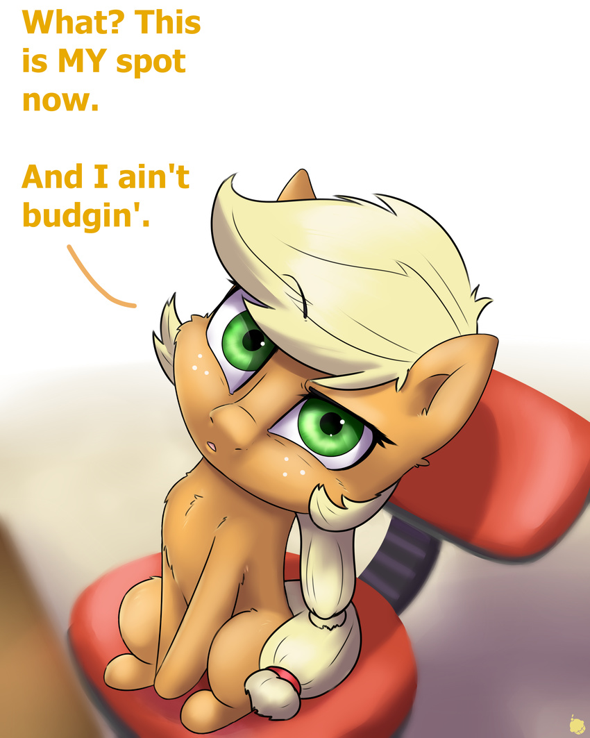 2015 applejack_(mlp) blonde_hair captainpudgemuffin dialogue equine female freckles friendship_is_magic green_eyes hair horse looking_at_viewer mammal my_little_pony plain_background pony ponytail raised_eyebrow sitting stubborn white_background