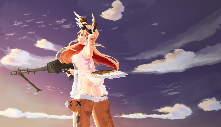 bird_tail cloud flying goggles gun hanna-justina_marseille head_wings highres long_hair looking_at_viewer machine_gun nameshikawa panties see-through solo strike_witches striker_unit tail underwear weapon world_witches_series