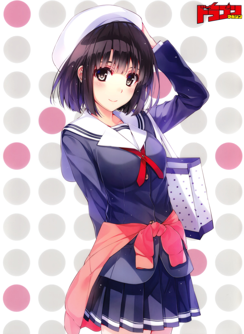 absurdres adjusting_clothes adjusting_hat arm_behind_back bag bangs beret blush brown_eyes brown_hair clothes_around_waist hand_on_headwear hat highres holding katou_megumi looking_at_viewer misaki_kurehito official_art pleated_skirt polka_dot polka_dot_background saenai_heroine_no_sodatekata sailor_collar school_uniform shopping_bag short_hair skirt smile solo sweater_around_waist translated white_hat