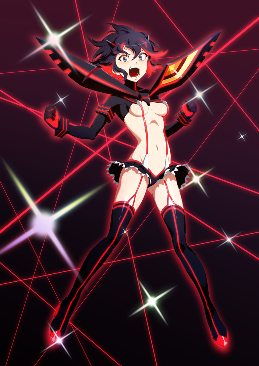 bad_id bad_pixiv_id black_hair blue_eyes breasts highres inja kill_la_kill life_fiber matoi_ryuuko microskirt multicolored_hair navel open_mouth red_hair revealing_clothes senketsu short_hair skirt small_breasts solo thighhighs two-tone_hair underboob