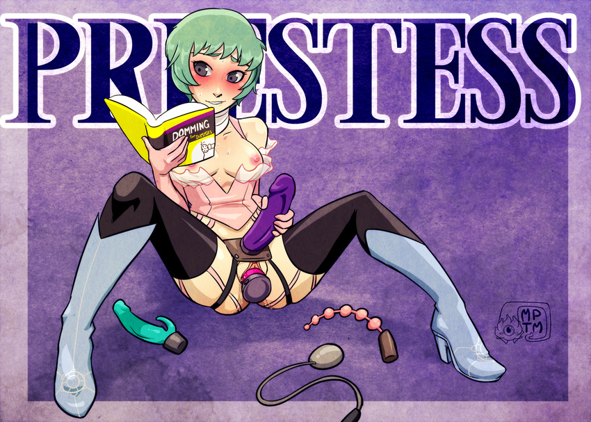 anal_beads aqua_hair biting blush book boots breasts commentary_request dildo for_dummies full_body high_heels lip_biting medium_breasts my_pet_tentacle_monster nipples no_panties object_insertion parody parted_lips persona persona_3 purple_background pussy_juice reading short_hair simple_background sitting solo spread_legs strap-on sweat tarot the_high_priestess thighhighs vaginal vaginal_object_insertion watermark yamagishi_fuuka