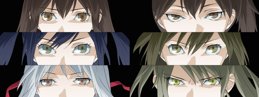 akagi_(kantai_collection) angry bad_id bad_pixiv_id black_background blue_hair brown_eyes brown_hair green_eyes headband hiryuu_(kantai_collection) kaga_(kantai_collection) kantai_collection long_hair looking_at_viewer multiple_girls persona_eyes shoukaku_(kantai_collection) souryuu_(kantai_collection) udon_(shiratama) white_hair zuikaku_(kantai_collection)