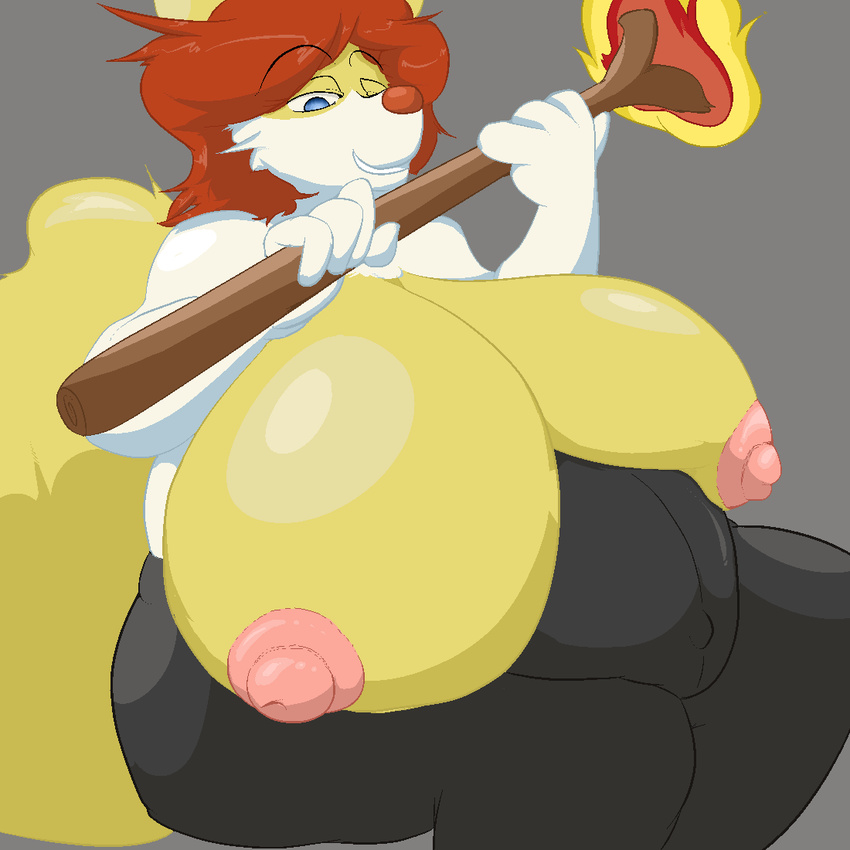 anthro areola belly big_belly big_breasts braixen breasts erect_nipples female fur garuda_six hair huge_breasts hyper hyper_breasts looking_at_viewer navel nintendo nipples nude overweight plain_background pok&eacute;mon pose pregnant smile solo video_games wide_hips