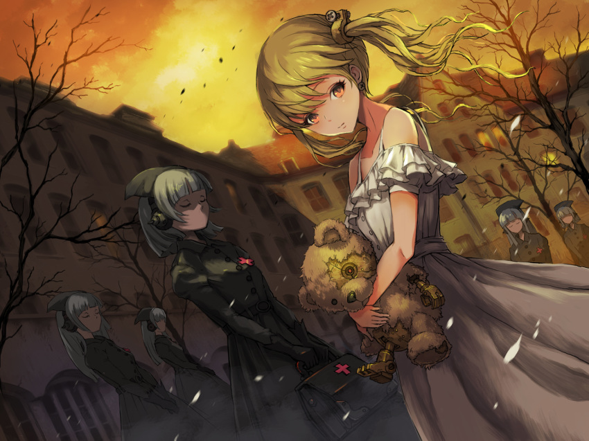 1girl 6+girls autumn bag bare_tree belt black_gloves blonde_hair city cloud commentary dress dutch_angle earrings eyes_closed gloves hat headset highres holding holding_bag jewelry leaf long_hair looking_to_the_side multiple_girls nurse nurse_cap original platinum_blonde_hair robot short_hair skirt skirt_set sky sleeveless sleeveless_dress stuffed_animal stuffed_toy sunset teddy_bear tree twintails ume_(illegal_bible) white_dress wind