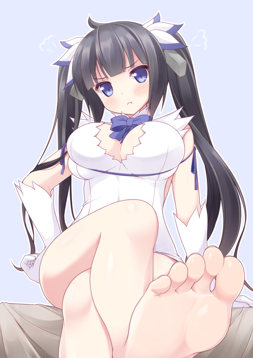 :t angry arm_ribbon barefoot black_hair blue_eyes blue_ribbon blush breasts cleavage cleavage_cutout crossed_legs dress dungeon_ni_deai_wo_motomeru_no_wa_machigatteiru_darou_ka feet frustrated gloves greek_toe hair_ornament hair_ribbon hestia_(danmachi) highres large_breasts legs long_hair looking_at_viewer naturalton pout pov_feet puffy_cheeks rei_no_himo ribbon sitting skindentation soles solo toes twintails white_dress white_gloves