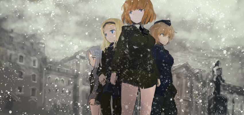 4girls absurdres aleksandra_i_pokryshkin bangs black_legwear blonde_hair blue_eyes blurry blush brave_witches brown_hair city cloud cloudy_sky dark depth_of_field edytha_rossmann garrison_cap gundula_rall hairband hat highres kabuyama_kaigi light_brown_hair long_hair looking_to_the_side multiple_girls pantyhose parted_bangs short_hair silver_hair sketch sky snow snowing uniform vest waltrud_krupinski world_witches_series