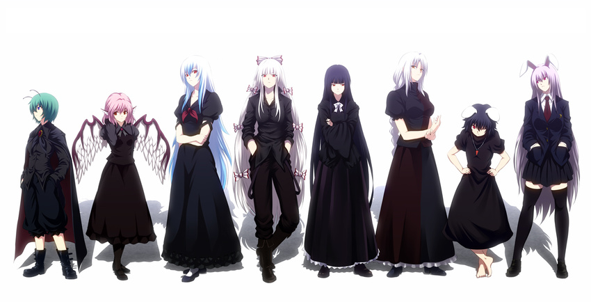 alternate_color animal_ears antennae barefoot bird_wings black_dress black_hair black_legwear blazer bow bunny_ears cape carrot commentary_request dress fujiwara_no_mokou ghost_in_the_shell ghost_in_the_shell_lineup ghost_in_the_shell_stand_alone_complex green_hair hair_bow hair_ribbon hands_in_pockets hands_on_hips hijikawa_arashi hime_cut houraisan_kaguya imperishable_night inaba_tewi jacket jewelry juliet_sleeves kamishirasawa_keine long_hair long_sleeves multiple_girls mystia_lorelei necklace necktie parody pendant pink_hair puffy_short_sleeves puffy_shorts puffy_sleeves reisen_udongein_inaba ribbon shirt short_sleeves shorts silver_hair skirt suspenders_pull thighhighs touhou tress_ribbon very_long_hair wings wriggle_nightbug yagokoro_eirin zettai_ryouiki