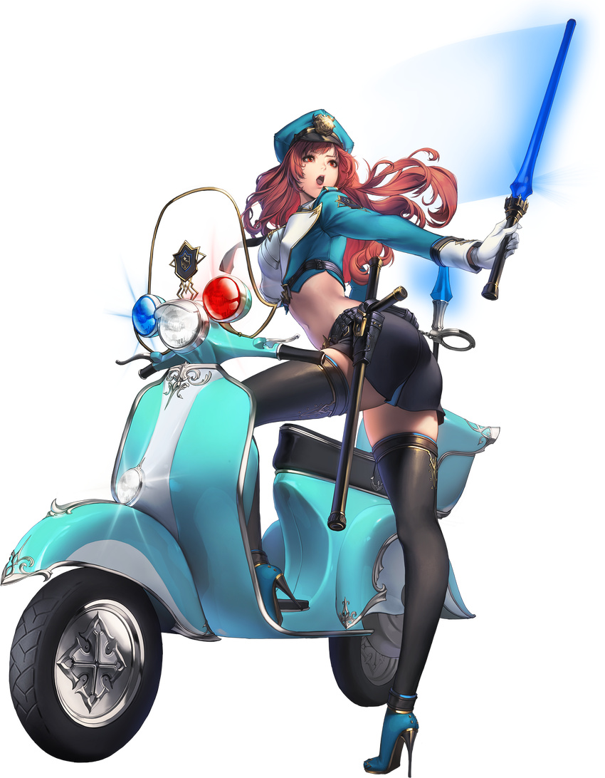 alpha_transparency baton belt black_legwear brown_hair chaos_online cuffs edelyn full_body gloves ground_vehicle handcuffs hat high_heels highres holding long_hair love_cacao midriff miniskirt motor_vehicle navel necktie official_art open_mouth police police_hat police_uniform red_eyes scooter skirt solo stiletto_heels thighhighs translated transparent_background uniform white_gloves zettai_ryouiki
