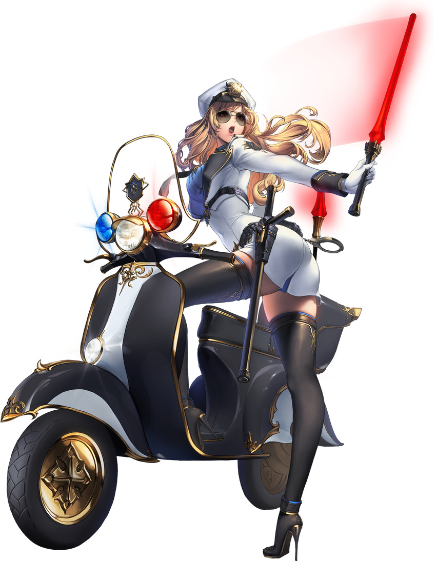 alpha_transparency aviator_sunglasses baton belt black_legwear blonde_hair chaos_online cuffs edelyn full_body gloves ground_vehicle handcuffs hat high_heels highres holding long_hair love_cacao motor_vehicle necktie official_art open_mouth police police_hat police_uniform red_eyes scooter solo stiletto_heels sunglasses thighhighs translated transparent_background uniform white_gloves zettai_ryouiki