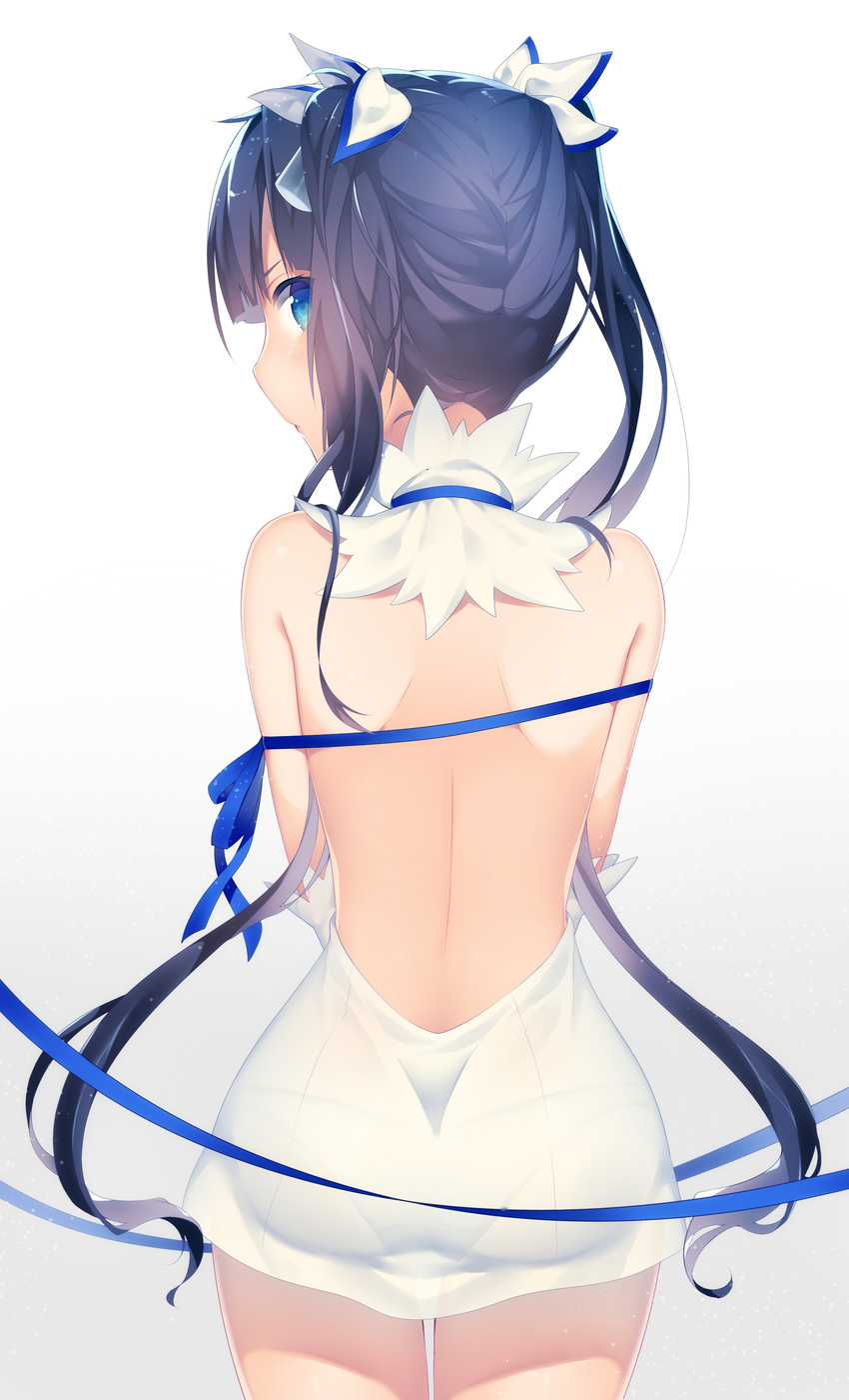 absurdres ass back backless_outfit backlighting bare_shoulders black_hair blue_eyes blue_ribbon cowboy_shot dress dungeon_ni_deai_wo_motomeru_no_wa_machigatteiru_darou_ka from_behind gloves hair_ornament hestia_(danmachi) highres long_hair looking_at_viewer looking_back niwashi_(yuyu) panties pantylines rei_no_himo ribbon see-through short_dress sleeveless sleeveless_dress solo twintails underwear very_long_hair white_dress white_gloves