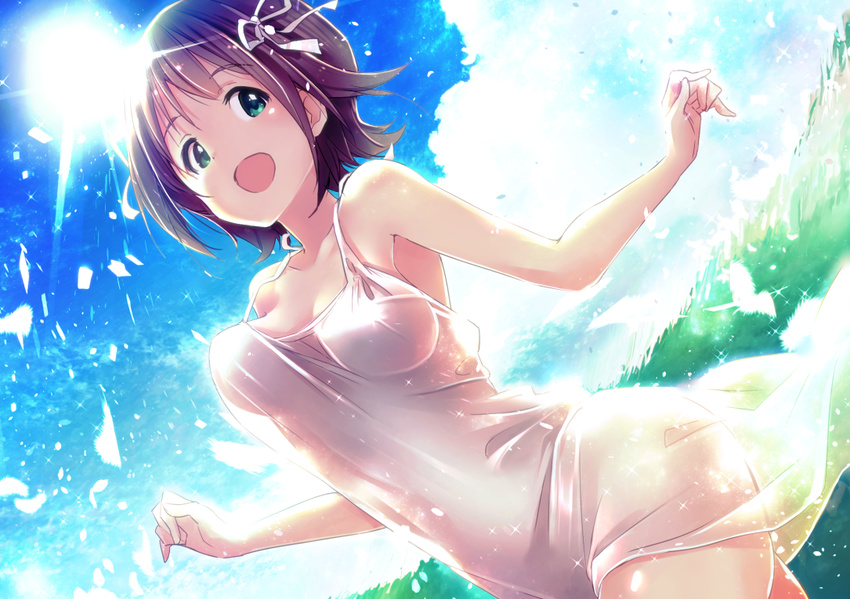 amami_haruka armpits bad_id bad_pixiv_id brown_hair girly_running green_eyes hair_ribbon idolmaster idolmaster_(classic) ima_(lm_ew) looking_at_viewer open_mouth ribbon running short_hair solo