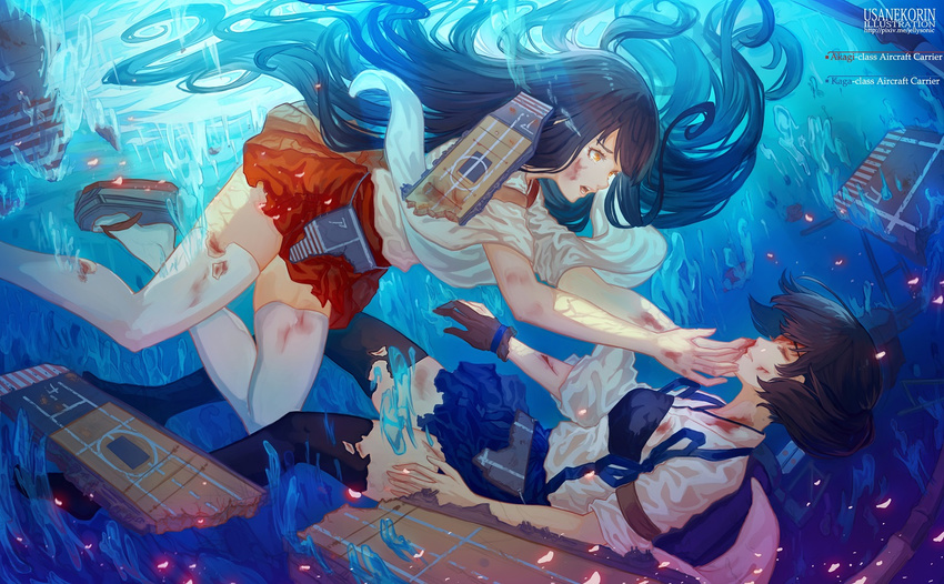 akagi_(kantai_collection) blood brown_hair japanese_clothes kaga_(kantai_collection) kantai_collection long_hair multiple_girls muneate short_hair side_ponytail sinking thighhighs torn_clothes torn_legwear underwater usanekorin