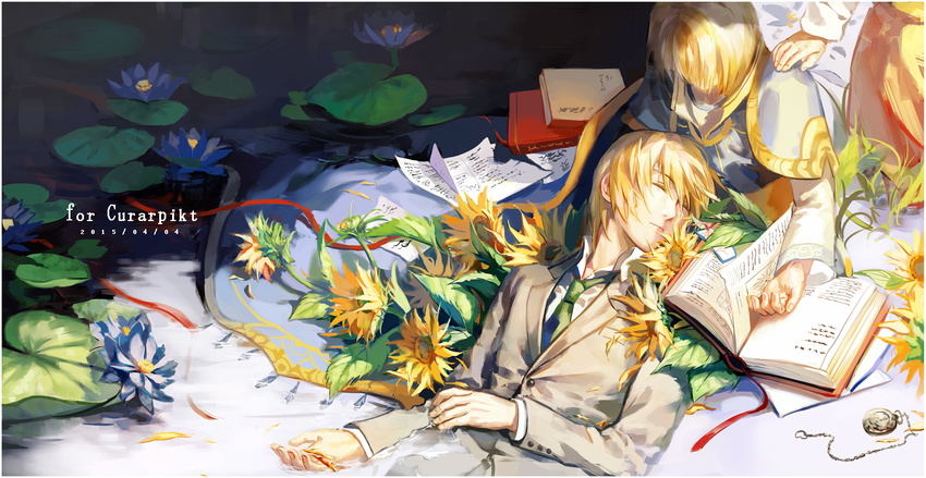 bad_id bad_pixiv_id blonde_hair book closed_eyes dated dual_persona fancybetty flower formal hand_on_another's_shoulder hunter_x_hunter kurapika lap_pillow lily_pad lying male_focus multiple_boys necktie on_back partially_submerged pocket_watch sitting sunflower watch water