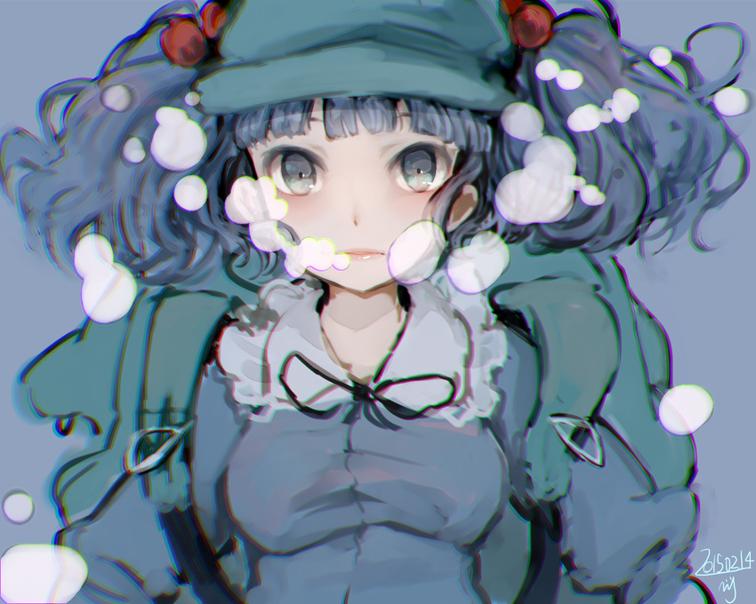 backpack bag blue_background blue_eyes blue_hair bow bubble bubble_blowing dated hair_bobbles hair_ornament kawashiro_nitori lips long_sleeves looking_at_viewer meiji_(charisma_serve) shirt short_hair simple_background solo touhou two_side_up underwater