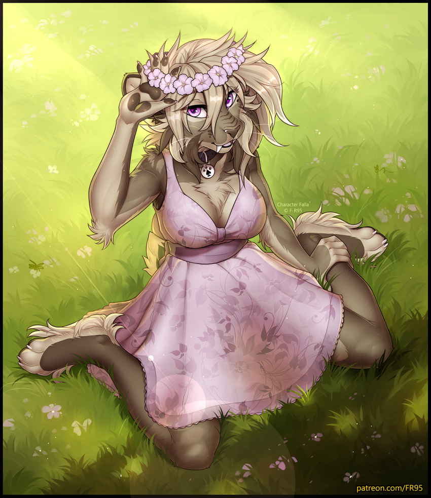 2019 4_toes 5_fingers anthro barefoot black_lips black_nose breasts brown_fur clothed clothing day detailed_background dress f-r95 falla feline female fully_clothed fur grass mammal outside saber-toothed_cat solo teeth toes