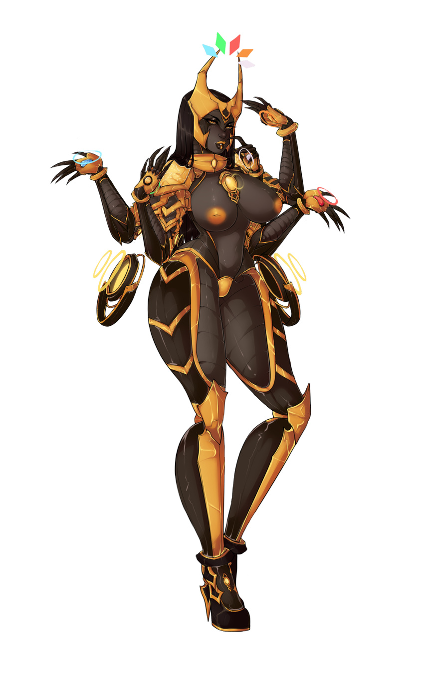 2015 alpha_channel amber_eyes anthro areola big_breasts black_hair black_lips black_skin breasts claws crown female hair hi_res high_heels inverted_nipples lips long_hair looking_at_viewer multi_limb multiple_arms nipples rebeccacablah reptile scalie snake solo thick_lips thick_thighs wide_hips yellow_lips yellow_nipples