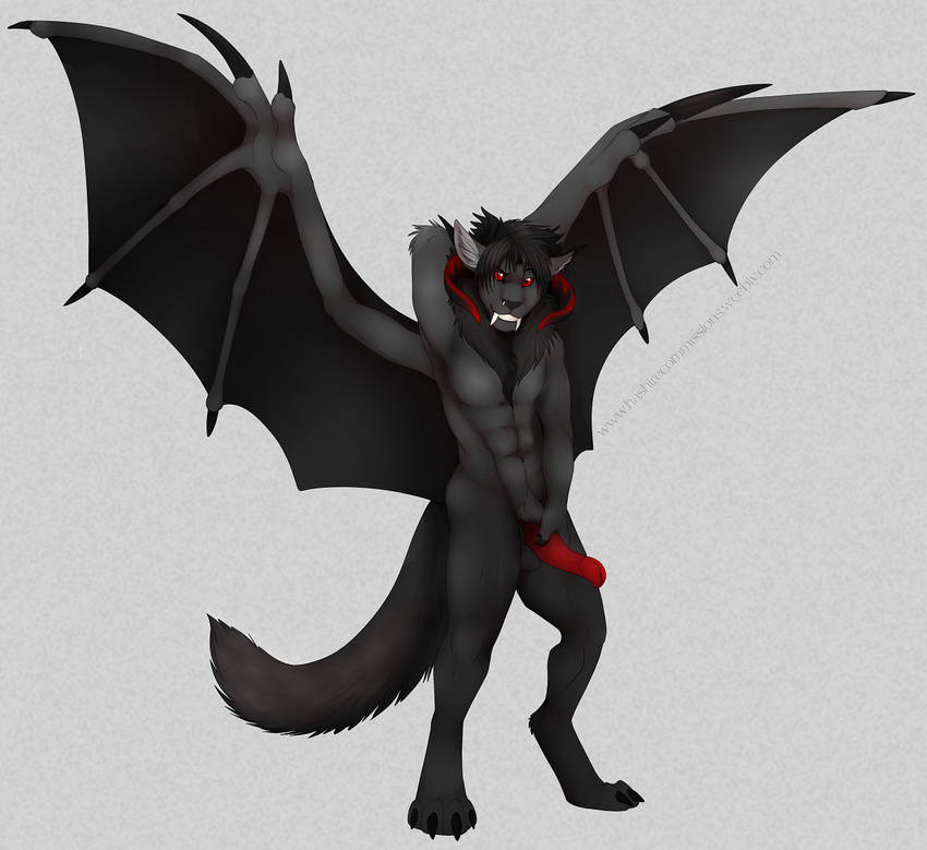 anthro black_claws black_fur black_mane cocky dragon erection fangs feline fur hashire hybrid kai lion long_tail male mammal muscles open_wings penis piercing red_eyes red_horns sabertooth smile webbed_wings wings