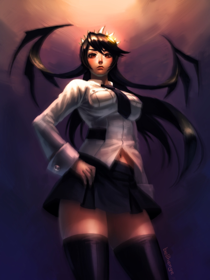 bellhenge black_hair black_legwear breasts cowboy_shot filia_(skullgirls) hand_on_hip highres large_breasts lips long_hair md5_mismatch navel necktie nose red_eyes resized samson_(skullgirls) school_uniform skullgirls solo thighhighs upscaled