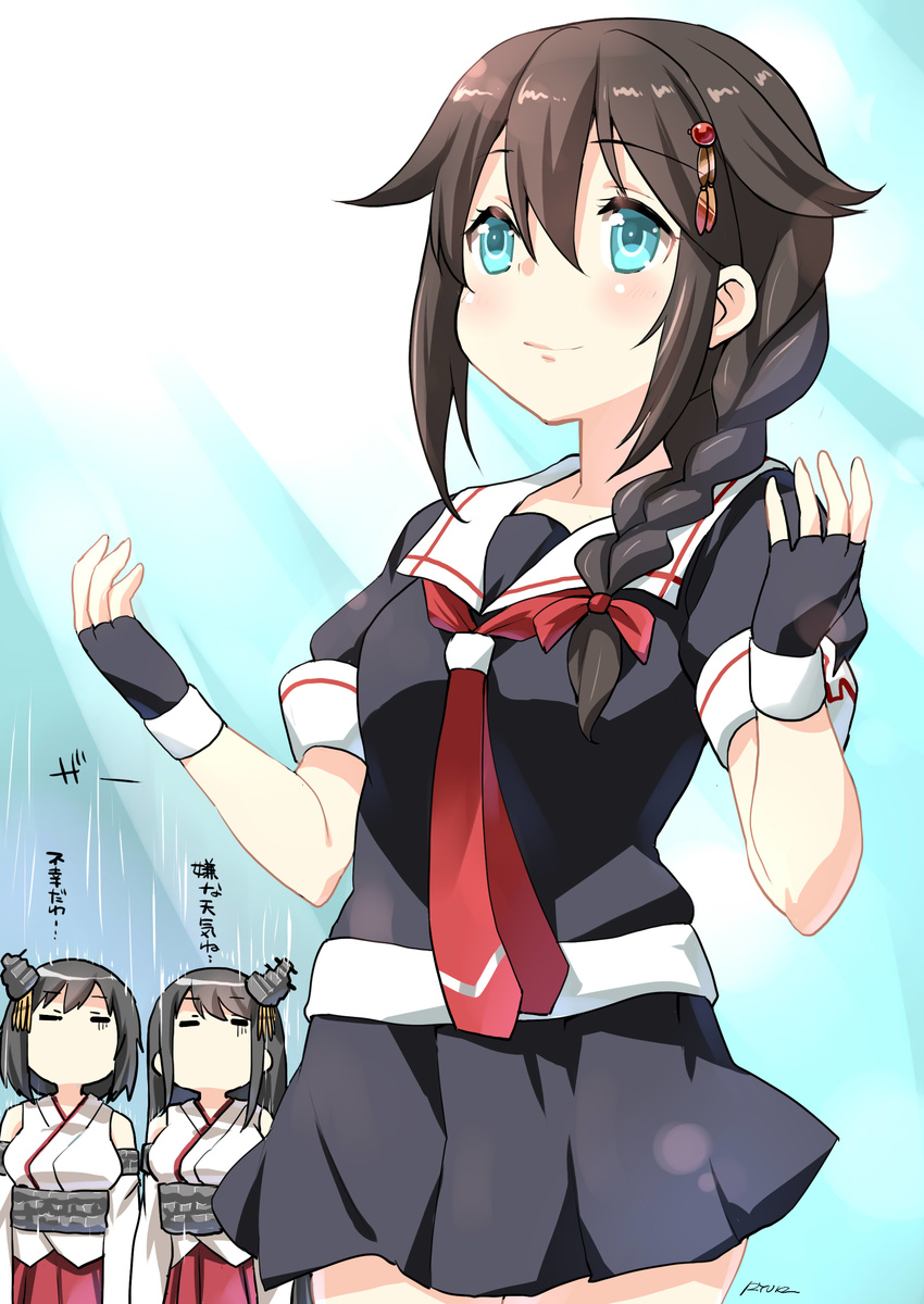 =_= absurdres bare_shoulders black_gloves black_serafuku black_skirt blue_eyes braid brown_hair commentary detached_sleeves fusou_(kantai_collection) gloves hair_flaps hair_ornament hair_ribbon highres kantai_collection long_hair multiple_girls neckerchief nontraditional_miko pleated_skirt rain red_neckwear red_skirt remodel_(kantai_collection) ribbon ryuki_(ryukisukune) sailor_collar school_uniform serafuku shigure_(kantai_collection) short_hair single_braid skirt smile translated yamashiro_(kantai_collection)