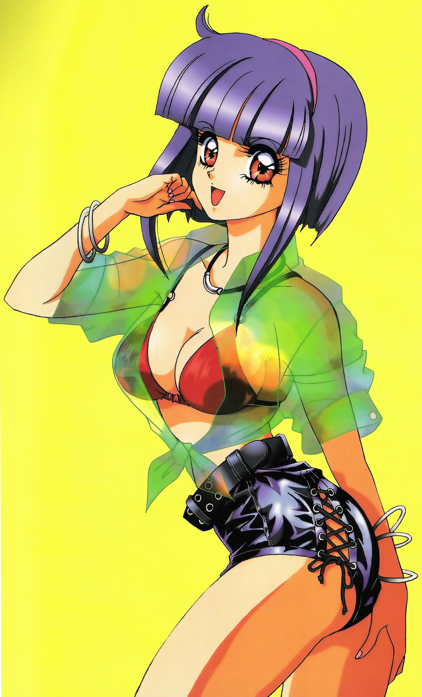 90s absurdres breasts collar hairband highres large_breasts looking_at_viewer mon_mon oldschool purple_hair red_eyes short_hair smile solo