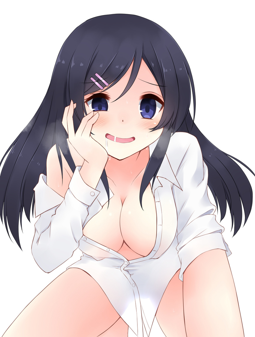 absurdres all_fours aragaki_ayase bad_id bad_pixiv_id black_hair blue_eyes breasts cleavage dress_shirt empty_eyes hand_on_own_face highres large_breasts long_hair naked_shirt nikitan_(niki) ore_no_imouto_ga_konna_ni_kawaii_wake_ga_nai saliva shirt yandere