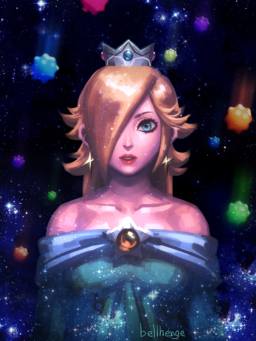 bare_shoulders bellhenge blonde_hair blue_dress blue_eyes crown dress earrings falling_star hair_over_one_eye highres jewelry lips long_hair mario_(series) md5_mismatch nose off-shoulder_dress off_shoulder resized rosetta_(mario) solo star starry_background super_mario_bros. super_mario_galaxy upscaled