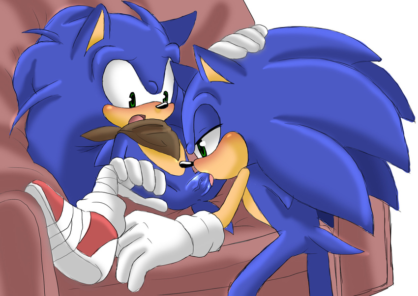 angelofhapiness animal_ears anthro ascot bandage blush butt cat_ears clothing drooling erection fellatio footwear gloves half-closed_eyes hedgehog looking_down male male/male mammal nude open_mouth oral penis quills saliva selfcest sex shoes sitting sonic_(series) sonic_boom sonic_the_hedgehog spread_legs spreading square_crossover standing tongue tongue_out vein veiny_penis