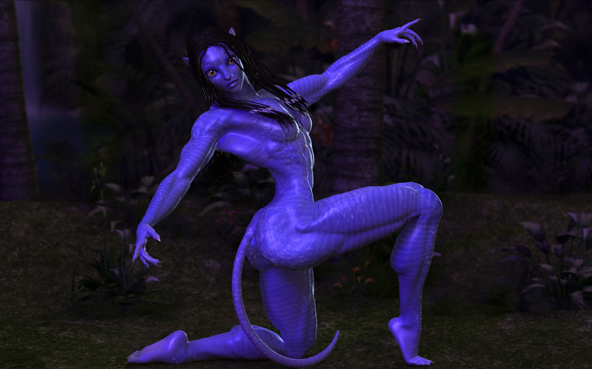 blue_skin breasts female james_cameron's_avatar muscles muscular_female na'vi neytiri nude solo tigersan yellow_eyes