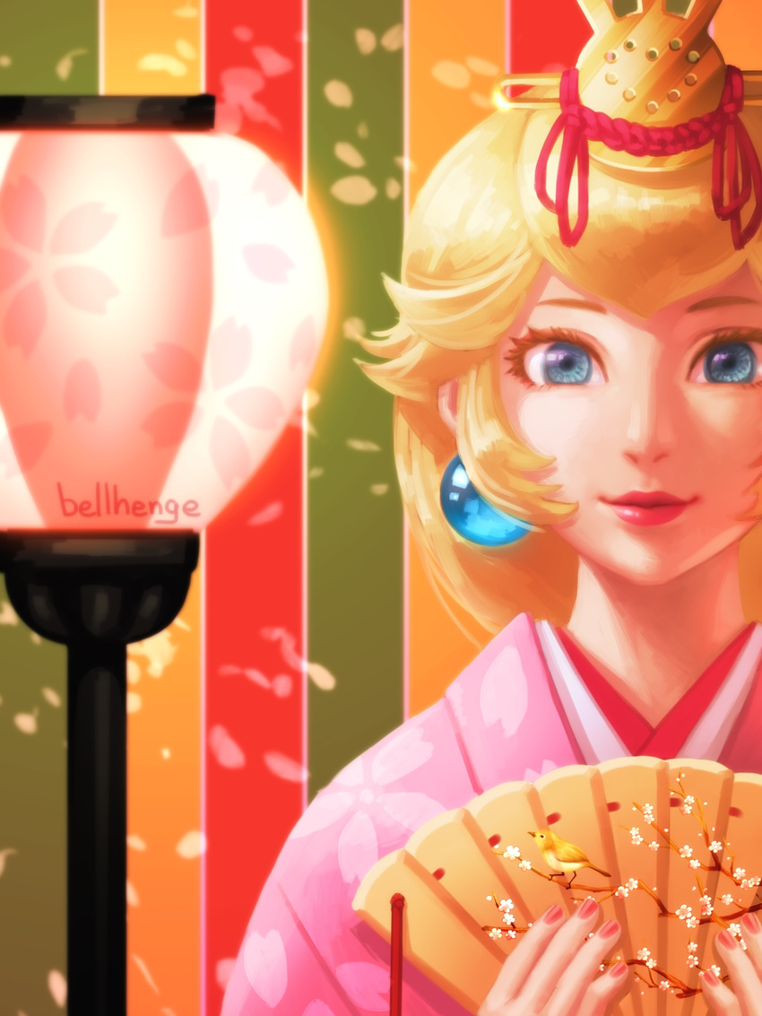 bellhenge blonde_hair blue_eyes crown highres japanese_clothes kimono lips long_hair mario_(series) md5_mismatch nose princess_peach resized smile solo super_mario_bros. upscaled