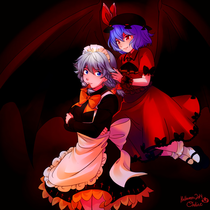 alternate_costume apron arm_warmers blue_eyes braid cross crossed_arms dated dress frilled_cuffs frilled_sleeves frills halloween highres izayoi_sakuya lavender_hair looking_at_viewer magical_ondine maid maid_apron maid_headdress mary_janes multiple_girls nail_polish red_dress red_eyes remilia_scarlet shoes short_hair signature silver_hair socks touhou twin_braids