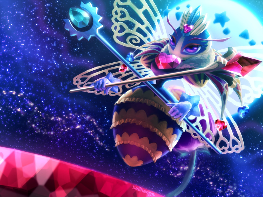 backlighting bee bellhenge bug crown crystal disembodied_limb eyebrows flower full_moon highres insect insect_wings kirby:_triple_deluxe kirby_(series) md5_mismatch moon purple_eyes queen_sectonia resized slender_waist solo star_(sky) upscaled wings