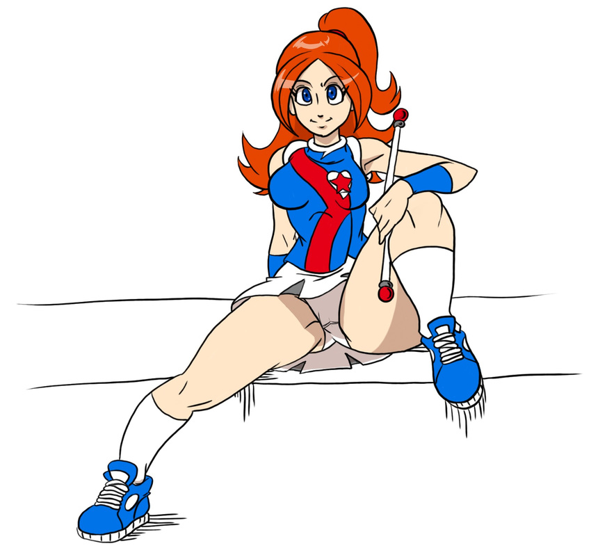 blue_eyes breasts cheerleader highres large_breasts mona mona_(warioware) orange_hair panties pants pantyshot shoes skirt sneakers thighs underwear warioware