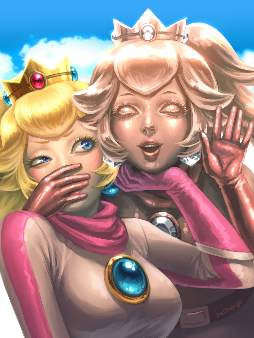 bellhenge blonde_hair blue_eyes dual_persona earrings gem grabbing grabbing_from_behind highres jewelry long_hair mario_(series) mario_kart mario_kart_8 md5_mismatch metal_skin multiple_girls pink_gold_peach pink_skin princess_peach racing_suit resized scarf shiny shiny_skin super_mario_bros. upscaled