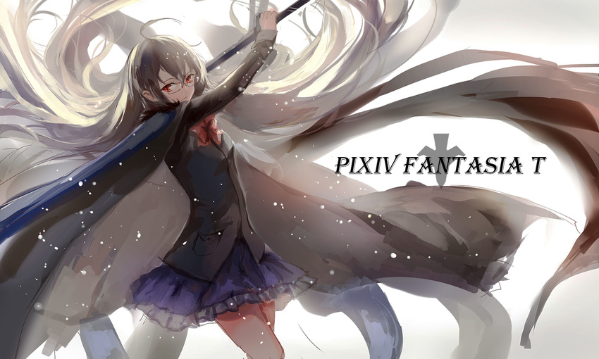 absurdly_long_hair backless_outfit black_hair bow cape commentary glasses highres jacket katana long_hair long_sleeves looking_at_viewer pixiv_fantasia pixiv_fantasia_t red_eyes school_uniform shirt sishenfan skirt solo sword very_long_hair weapon wind