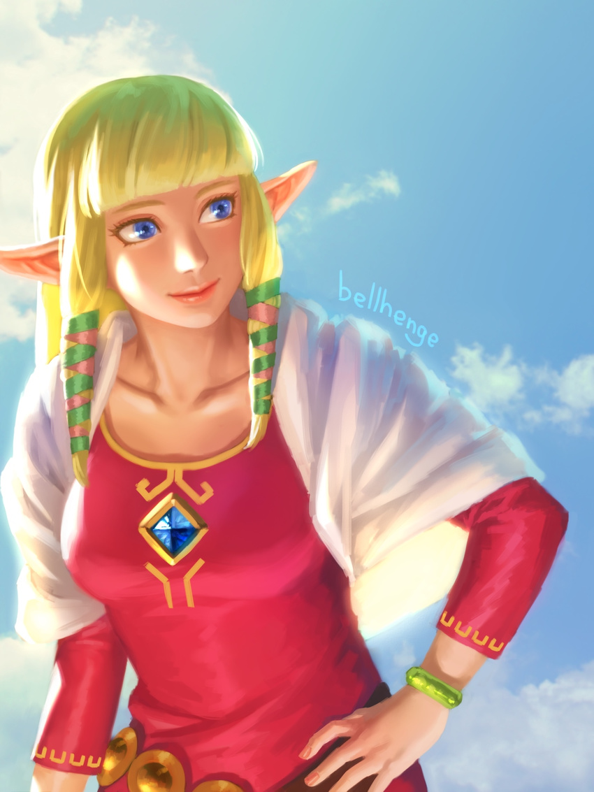 backlighting bangs bellhenge blonde_hair blue_eyes blue_sky blunt_bangs bracelet capelet cloud collarbone day dress gem hair_ribbon hand_on_hip highres jewelry lips long_hair md5_mismatch nose pointy_ears princess_zelda resized ribbon sky smile solo the_legend_of_zelda the_legend_of_zelda:_skyward_sword upscaled