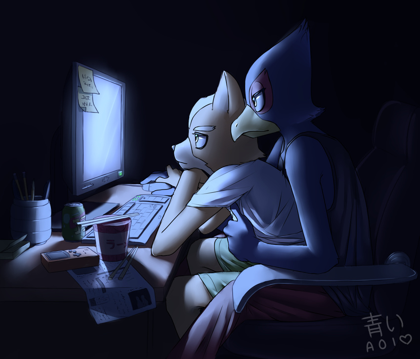 aoiuchuu avian canine chair clothing computer couple cuddling falco_lombardi fox fox_mccloud gameboy male male/male mammal nintendo shirt shorts star_fox tank_top video_games