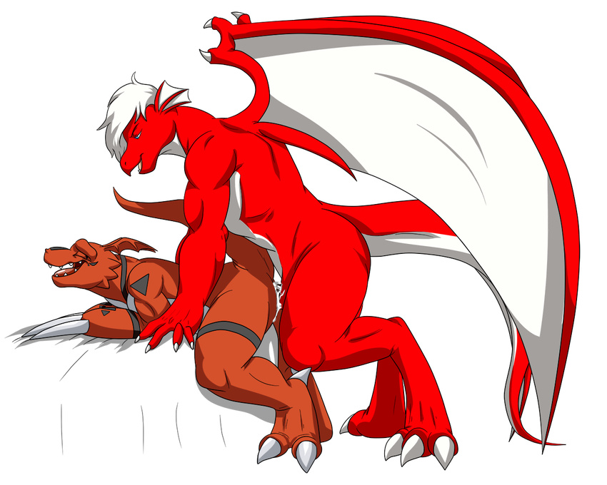 alpha_channel anal anal_penetration bed bent_over cell_shaded cum cum_splatter darthglacier digimon digital_media_(artwork) dragon duo eyes_closed guilmon looking_pleasured male male/male on_bed open_mouth penetration plain_background scalie size_difference standing transparent_background