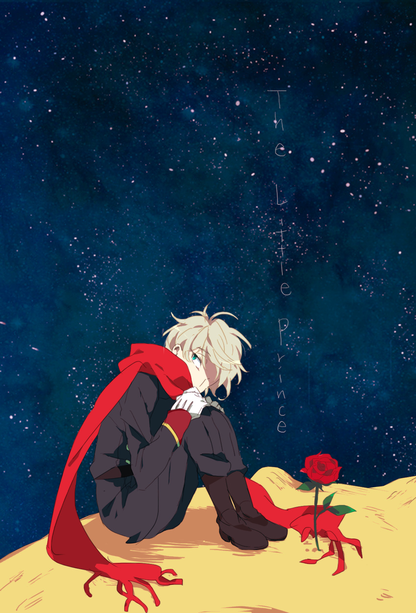 aldnoah.zero aqua_eyes blonde_hair blue_eyes harrup highres le_petit_prince male_focus red_scarf scarf silver_hair sitting sky slaine_troyard solo star_(sky) starry_sky