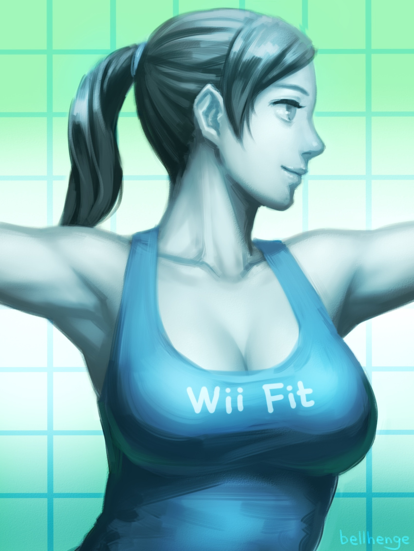 bellhenge breasts cleavage grey_eyes grey_hair highres large_breasts lips long_hair md5_mismatch nose ponytail resized smile solo super_smash_bros. tank_top upper_body upscaled white_skin wii_fit wii_fit_trainer