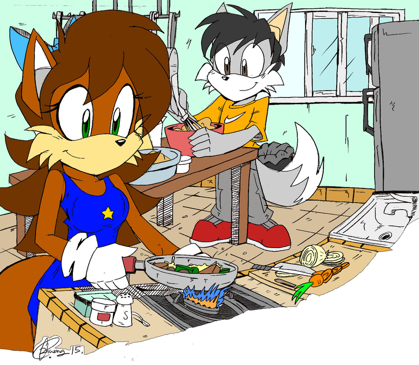 2015 akatsukishiranui-fox anthro canine cooking fan_character female food fox male mammal smile sonic_(series)