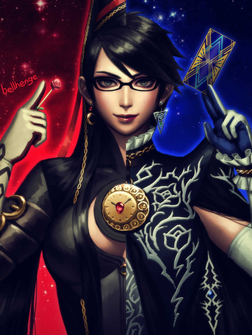alternate_hair_length alternate_hairstyle bangs bayonetta bayonetta_(character) bayonetta_2 bellhenge black-framed_eyewear black_hair blue_eyes bodysuit breasts buckle candy card chain clock crescent crescent_earrings earrings food gem glasses gloves highres holding index_finger_raised jewelry large_breasts light_smile lips lipstick lollipop long_hair looking_at_viewer makeup md5_mismatch mole mole_under_mouth nose outline playing_card resized short_hair smile solo split_theme swept_bangs upper_body upscaled variations very_long_hair white_gloves