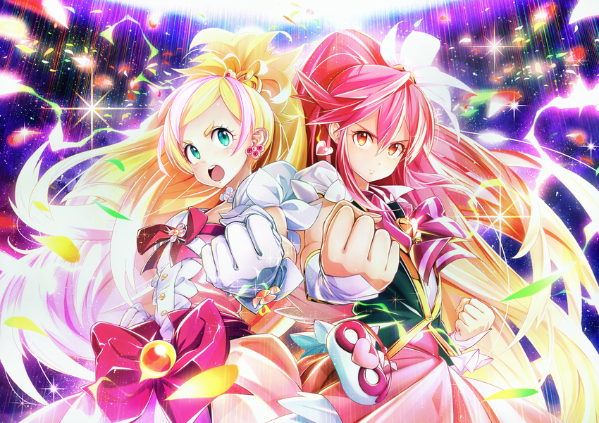 aino_megumi bad_id bad_pixiv_id blonde_hair bow cure_flora cure_lovely fighting_stance gloves go!_princess_precure hair_ornament happinesscharge_precure! haruno_haruka long_hair magical_girl motoki_(hisano_motoki) multicolored_hair multiple_girls pink_bow pink_eyes pink_hair ponytail precure side-by-side smile two-tone_hair wide_ponytail